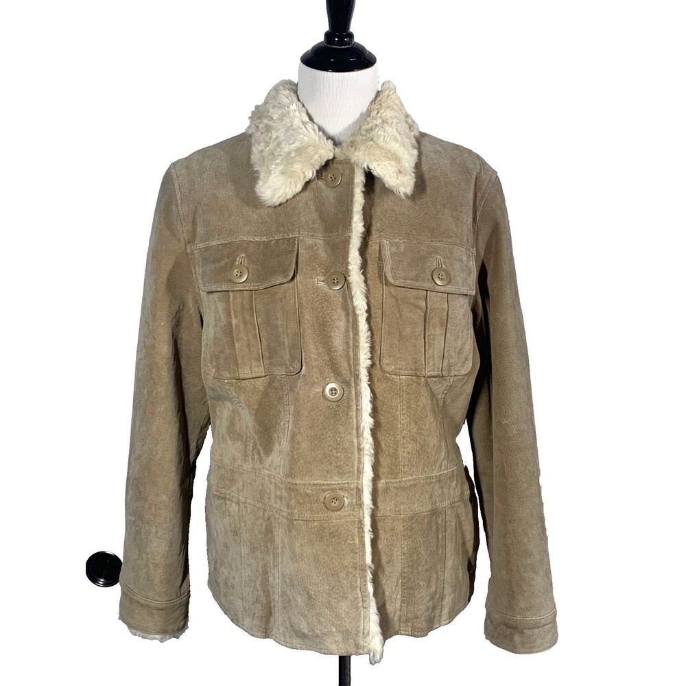 Wilsons Leather Maxima Suede Jacket Womens XL Tan Sherpa Trim Lining